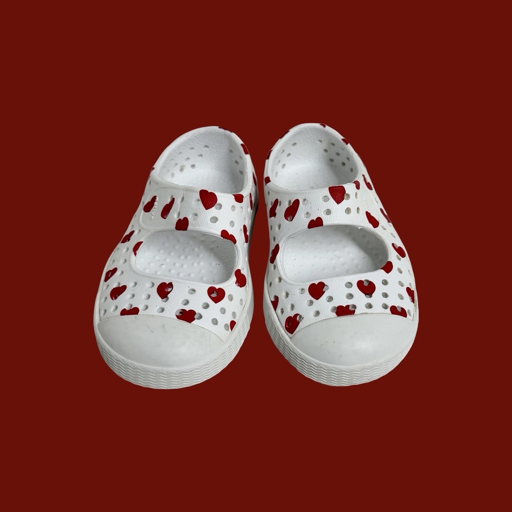 Native Red and White Heart Rubber Slip-On Shoes Round Toe Unisex Kids US Size C4